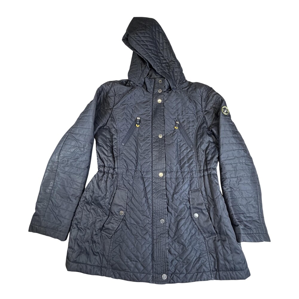 Nautica Coat Womens Large Black Quilted Hooded Mid Length Zip Pockets Insulated